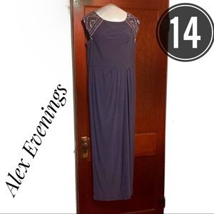 Alex Evenings Formal Maxi Dress Gown Womens 14 XL Navy Blue Sleeveless